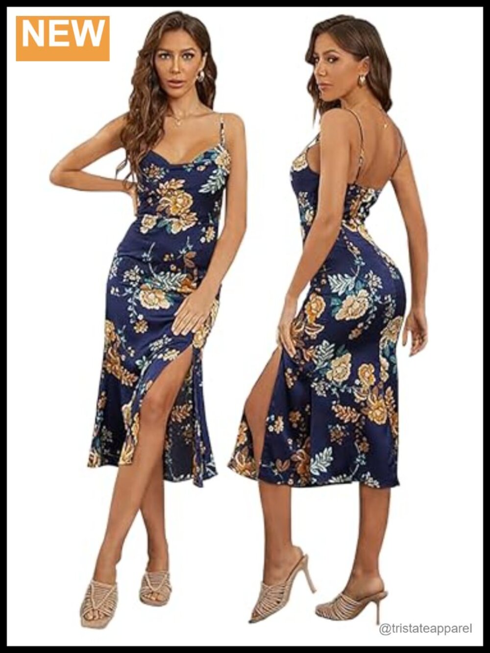 Satin Midi Wedding Guest Dress Cowl Neck Backless Spaghetti Strap Formal